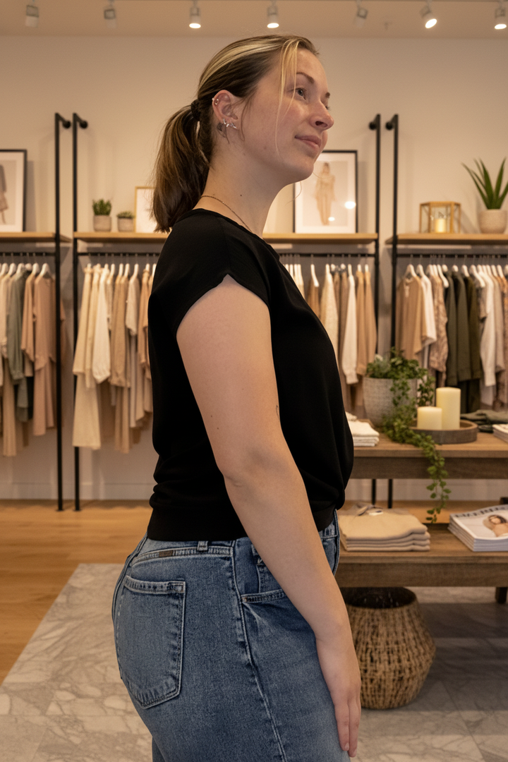 Black Cap-Sleeve Top Side — Boutique Background