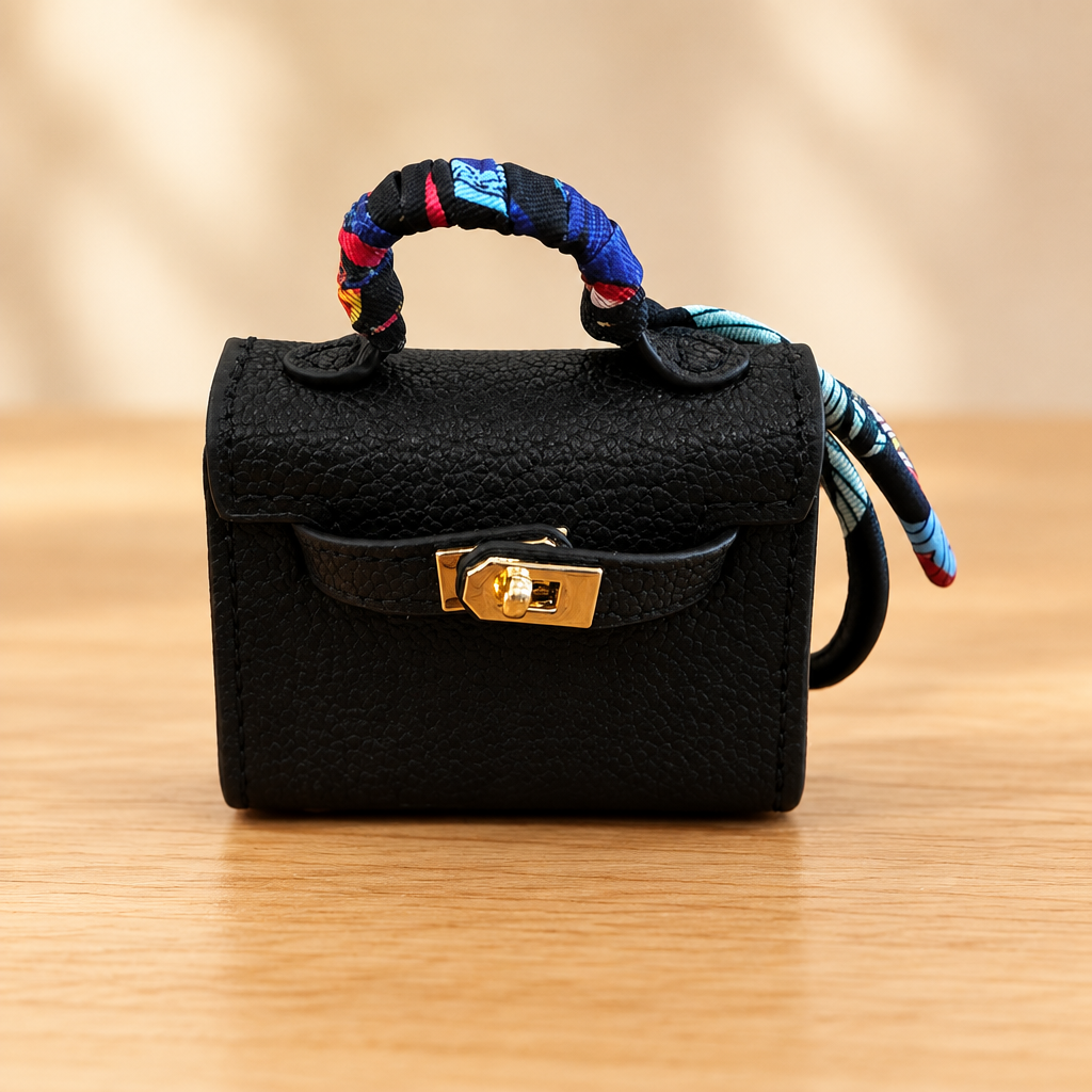 Miniature black bag charm with colorful scarf-wrapped handle on a warm wooden table against a soft neutral background