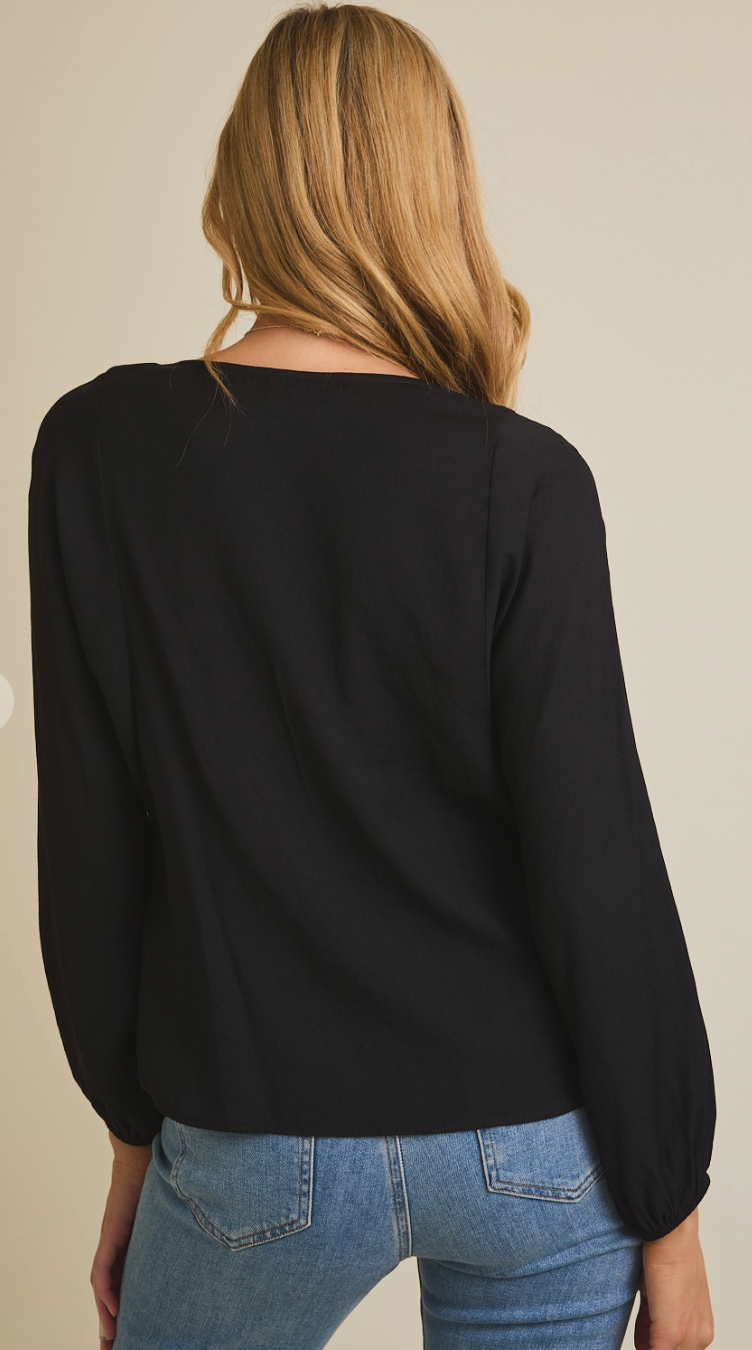 Black Lace Trim Button Up Flare Hem Top