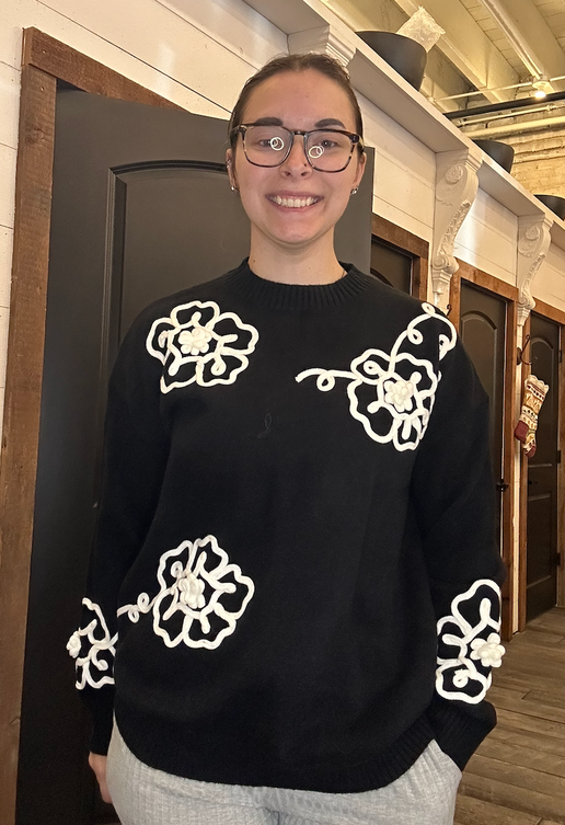 3d Floral Motif Long Sleeve Sweater