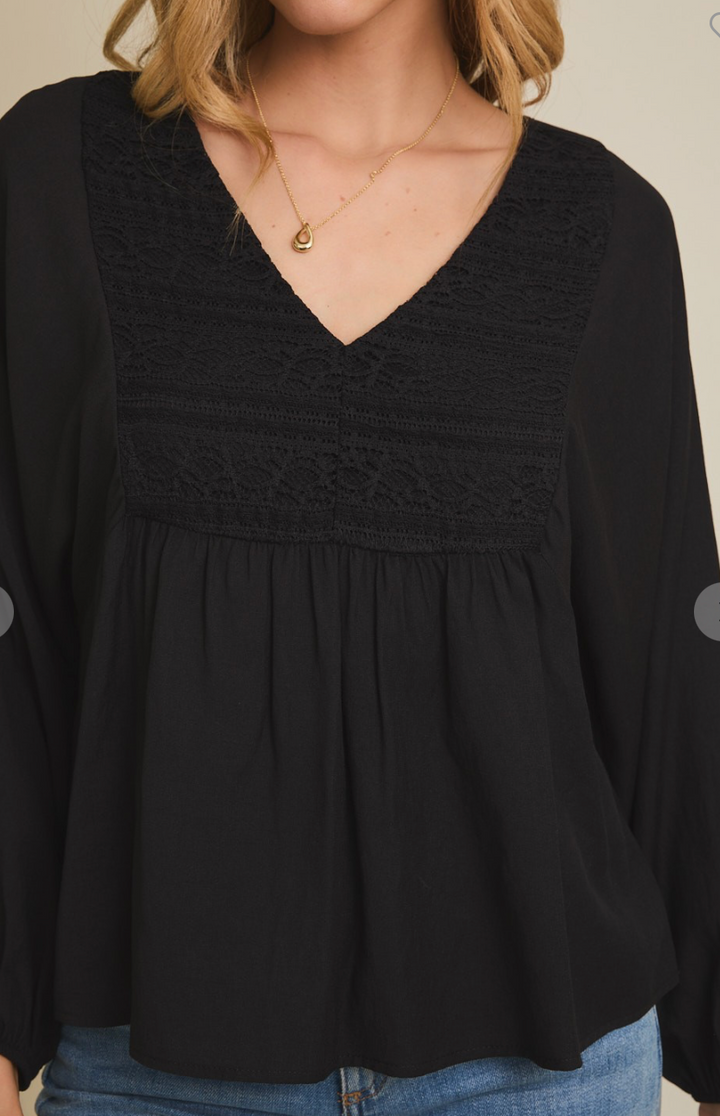 Black Lace Trim Button Up Flare Hem Top