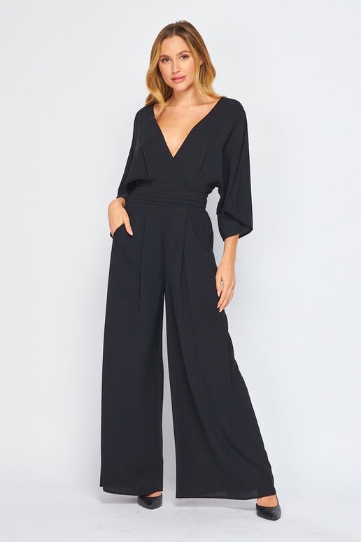 3/4 Sleeve Black V-Neck Jumpsuit