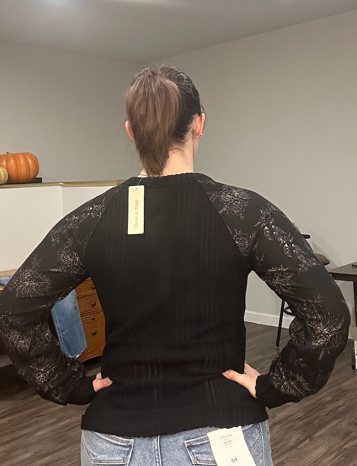 Black Button-Front Knit Top with Floral Sheer Sleeves