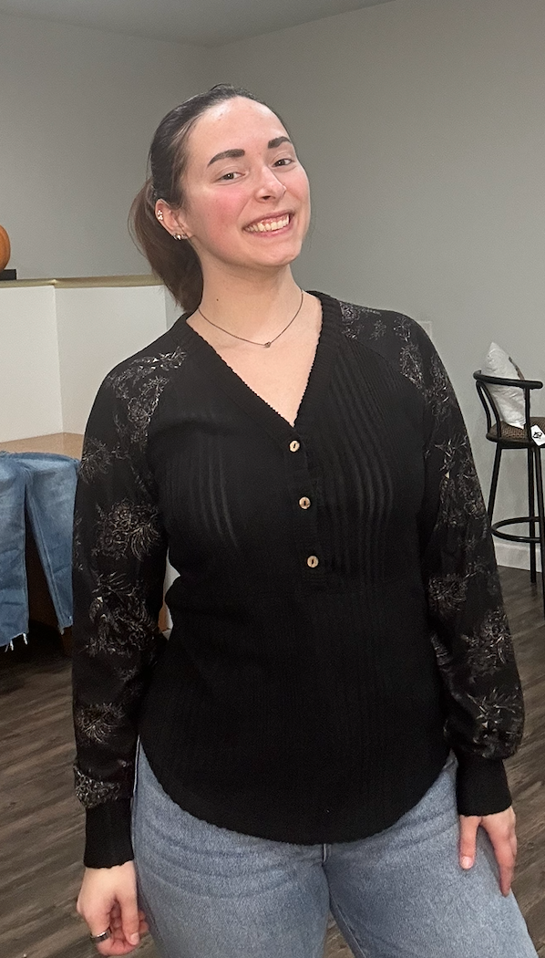 Black Button-Front Knit Top with Floral Sheer Sleeves
