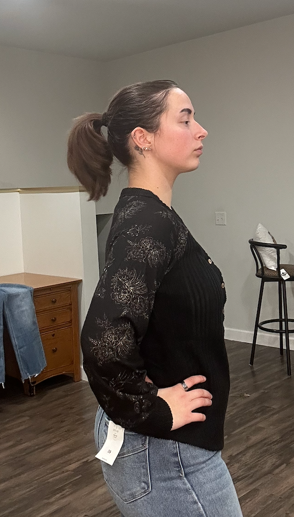 Black Button-Front Knit Top with Floral Sheer Sleeves