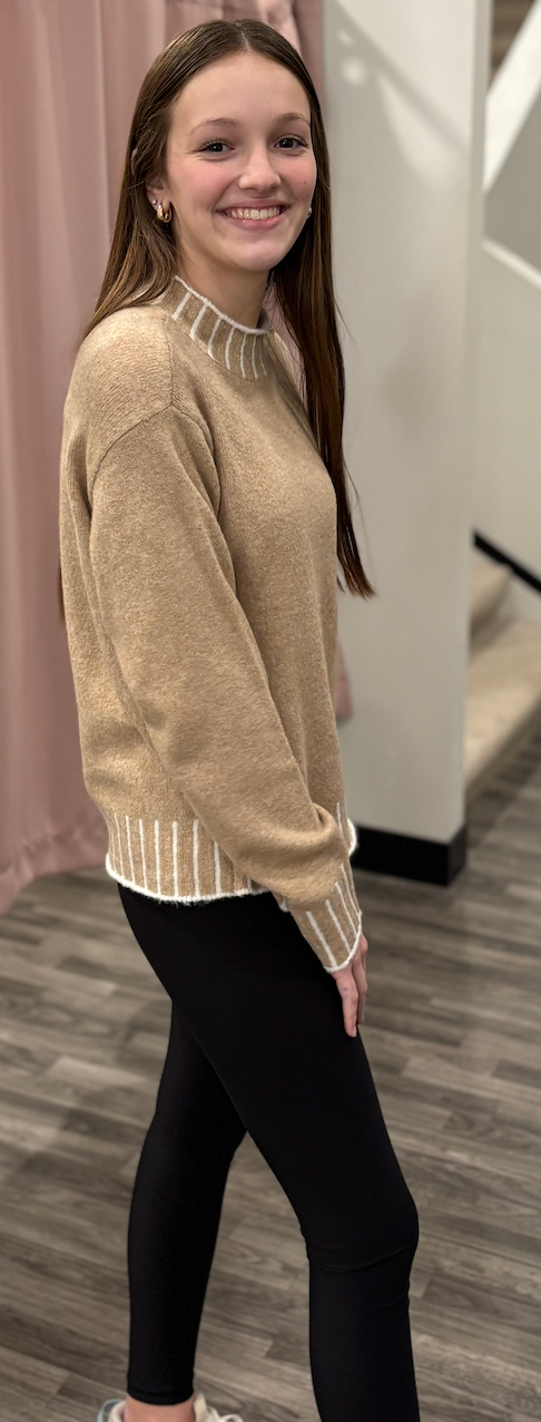 Blanket Stitch Mock Neck Pullover Sweater