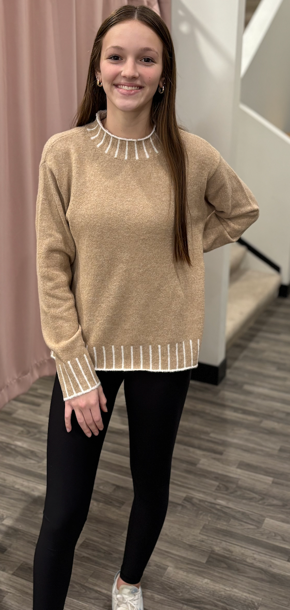 Blanket Stitch Mock Neck Pullover Sweater
