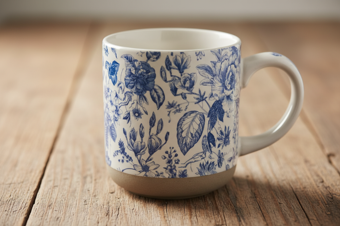 Blue Delft Floral Stoneware Mug on rustic wooden table close up