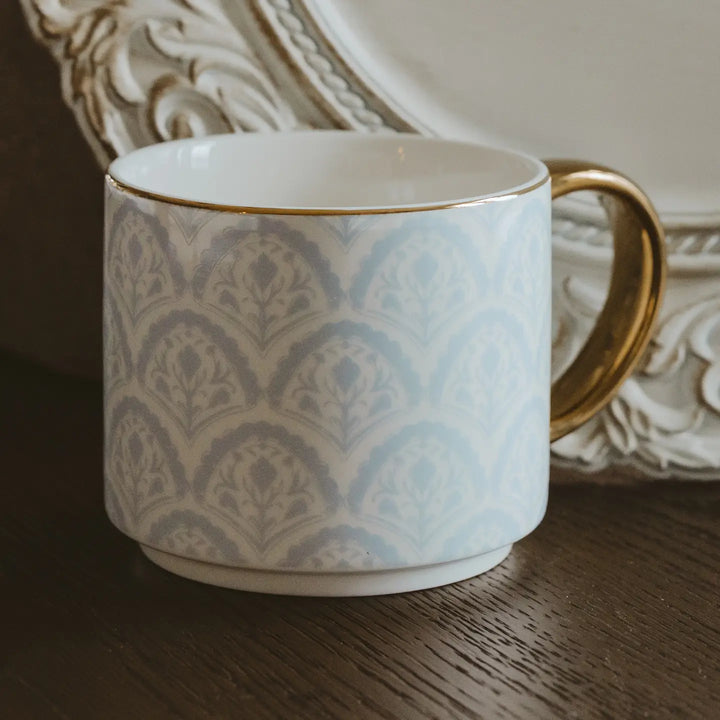 Blue & Gold Patterned Ceramic Coffee Mug with Metallic Handle