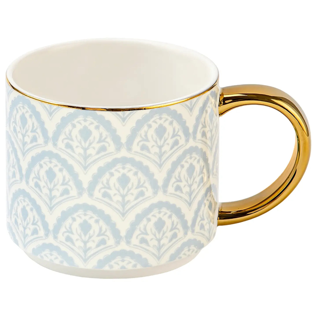 Blue & Gold Patterned Ceramic Coffee Mug with Metallic Handle