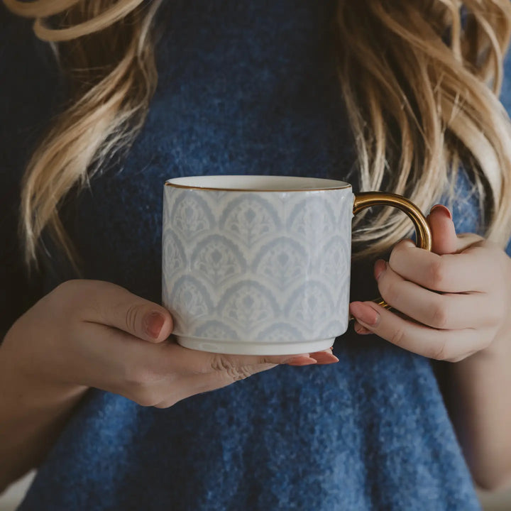 Blue & Gold Patterned Ceramic Coffee Mug with Metallic Handle
