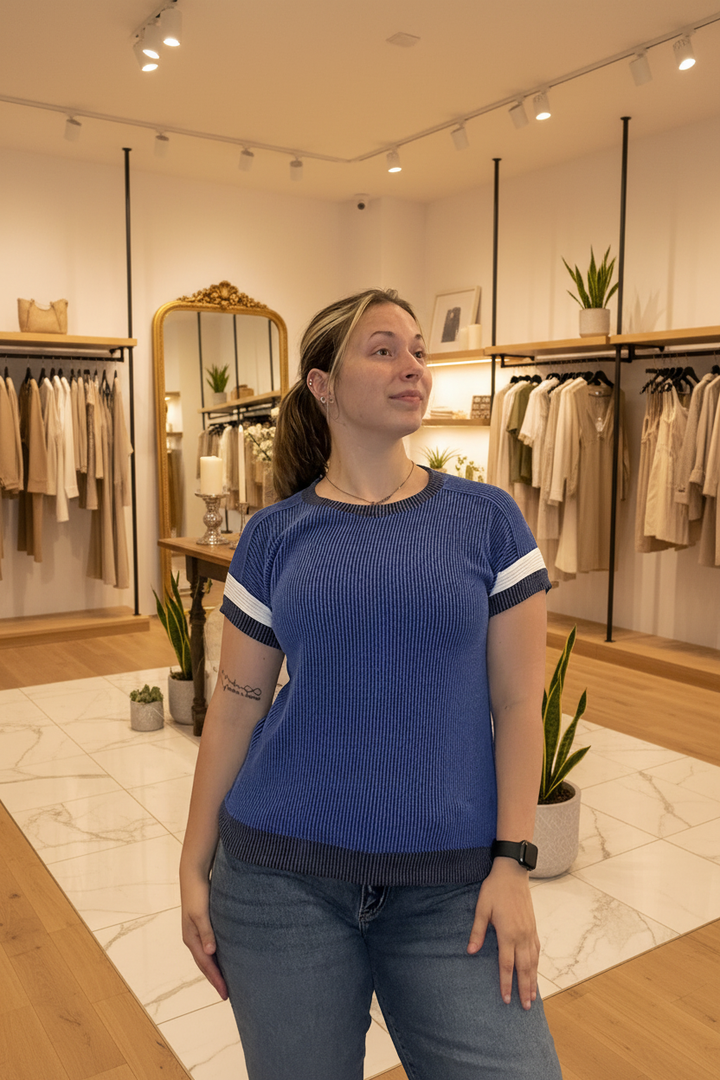 Blue Striped Top Front — Boutique Background