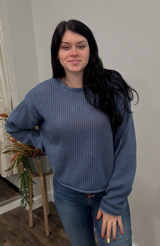 Dusty Blue Textured Drop Shoulder Pullover