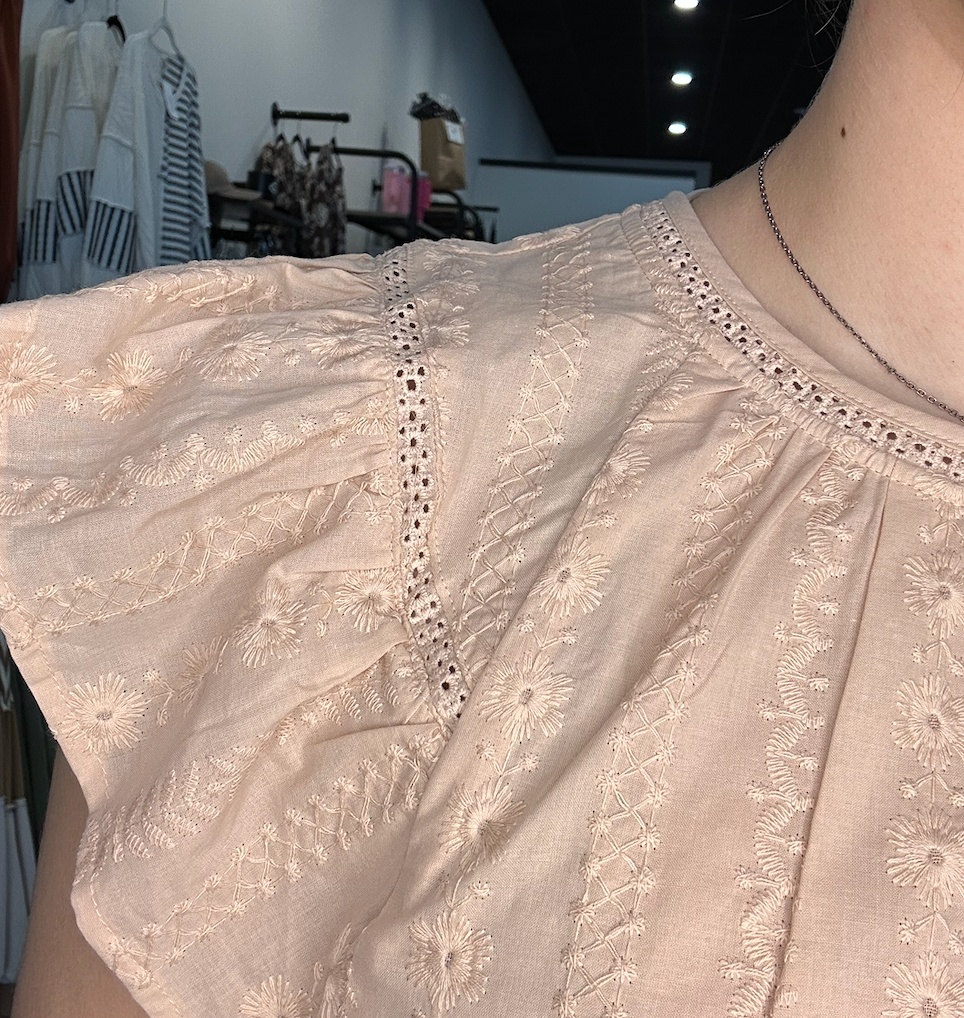 Blush Pink Flutter Sleeve Button Front Textured Blouse for Women
