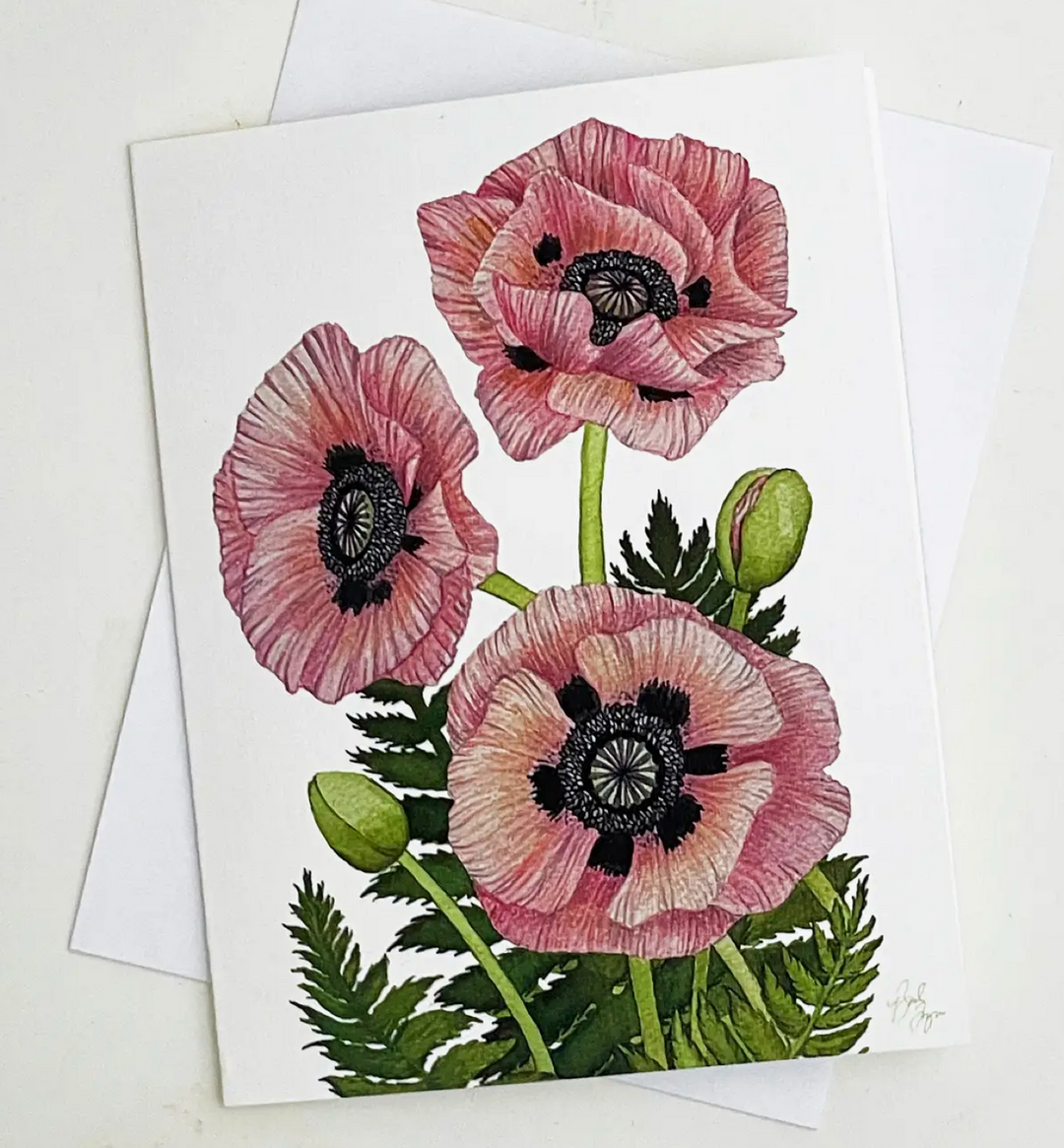 Blush Pink Poppy Floral Notecard – Watercolor Botanical Greeting Card