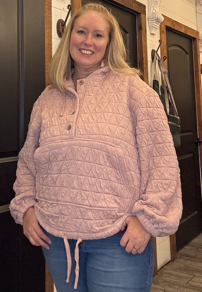 Quiliting Knit Buttoned Hoodie Top With Pocket