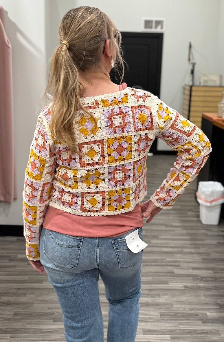 Boho Crochet Tie-Front Cropped Cardigan – Granny Square Knit