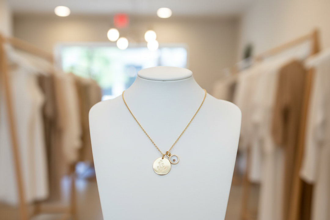 Botanical charm necklace on mannequin in boutique
