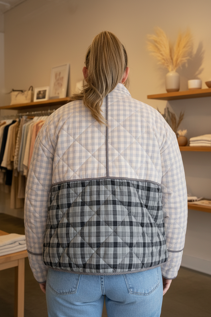 Pale Blue Mixed-Media Plaid Quilted Jacket