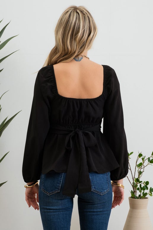 Scoop Neck Back Tie Waist Blouse