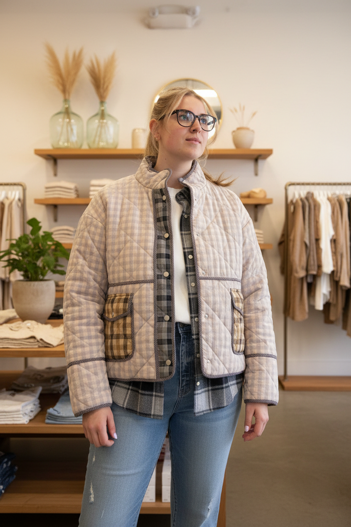 Pale Blue Mixed-Media Plaid Quilted Jacket