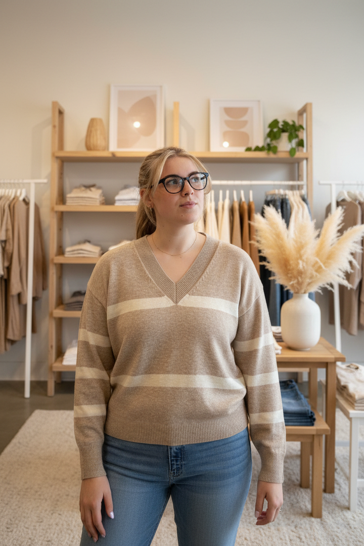 V-Neck Drop Shoulder Stripe Sweater in Oatmeal