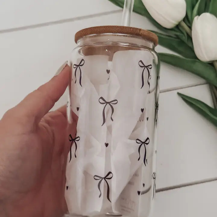 Black Bows 16oz Glass Cup with Bamboo Lid