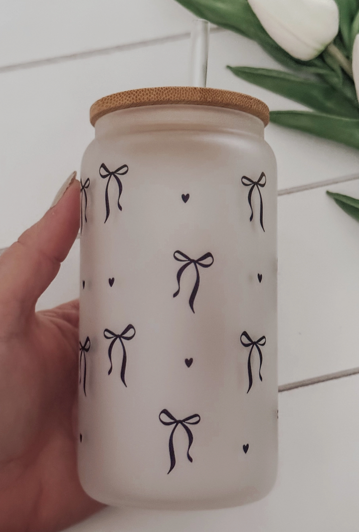 Black Bows 16oz Glass Cup with Bamboo Lid