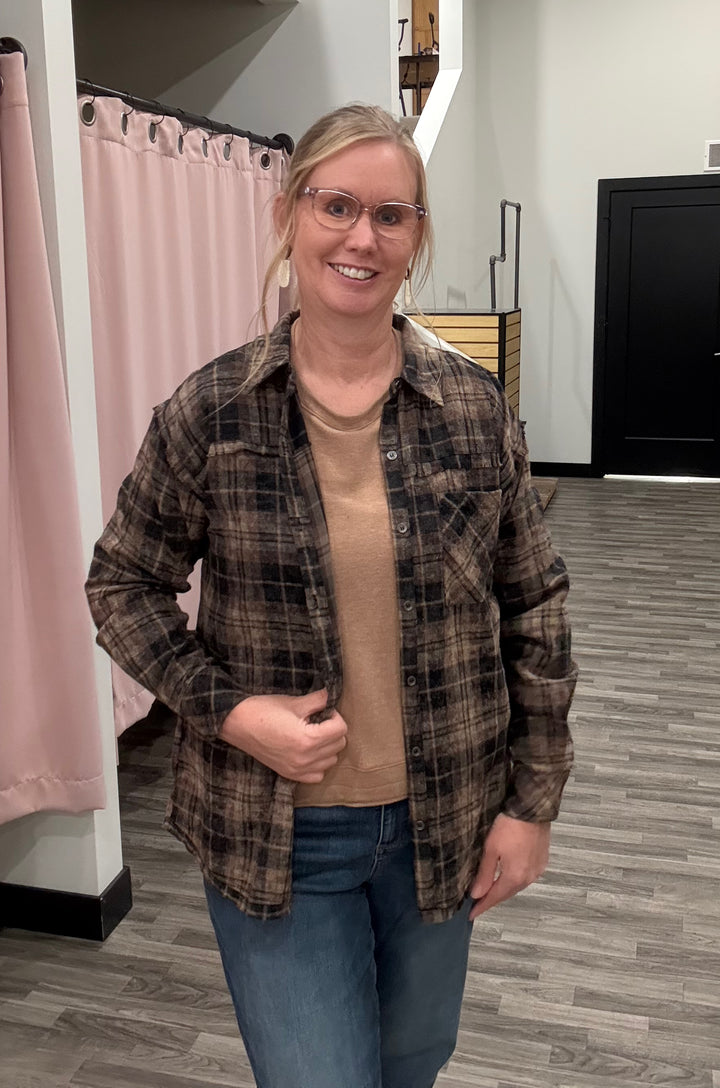 Black/Brown Frayed Hem Flannel Shirt