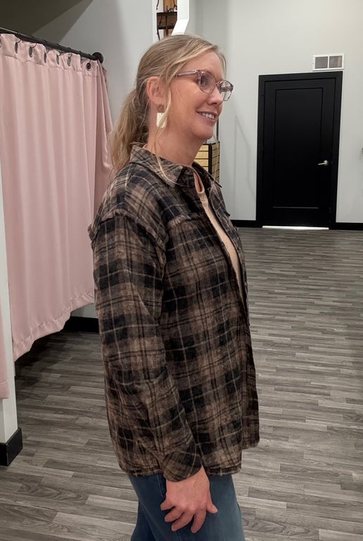Black/Brown Frayed Hem Flannel Shirt
