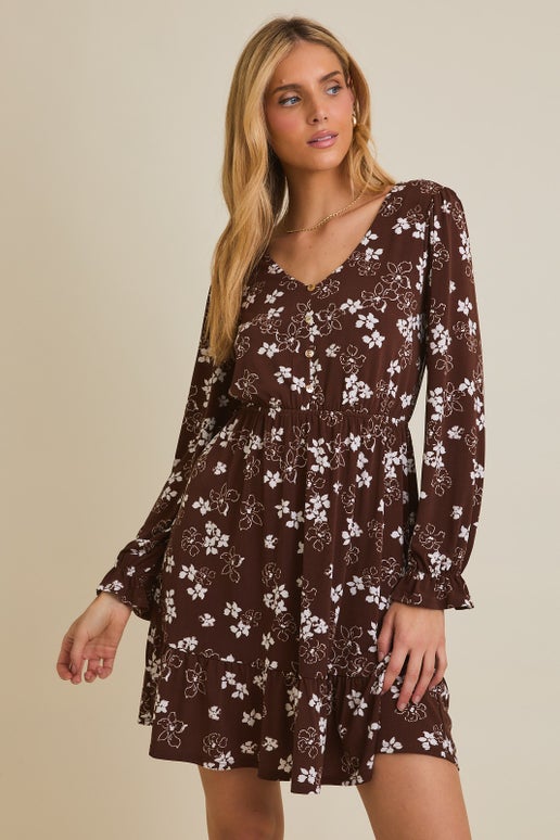 Brown/Cream Floral Button Down Dress