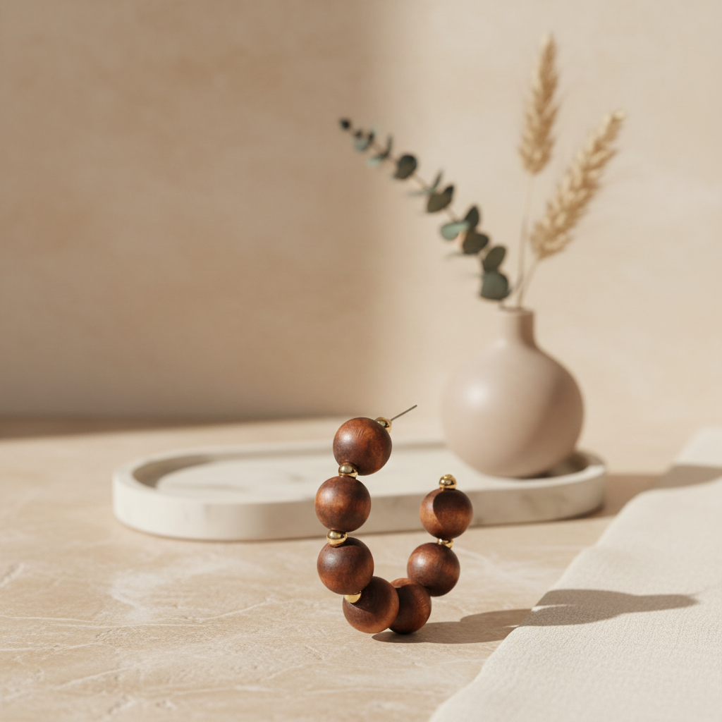 Brown wood beaded hoops