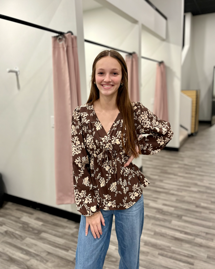 V-Neck Front Tie Flare Hem Top