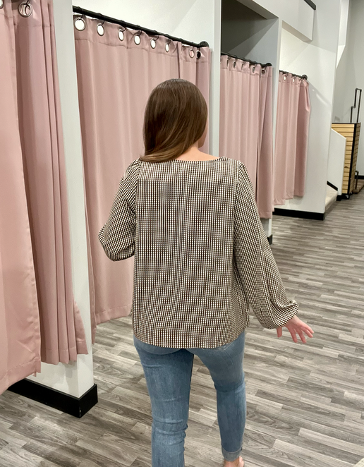 Long Sleeve Square Neck Check Print Top