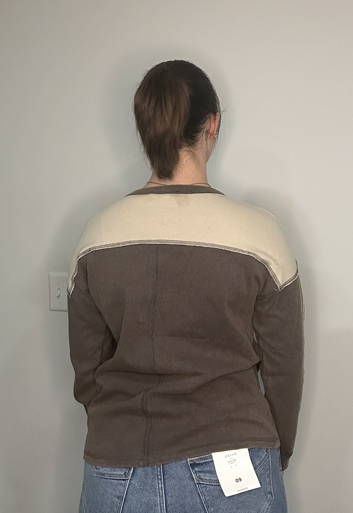 Mocha Colorblock Long Sleeve Top with Contrast Stitching