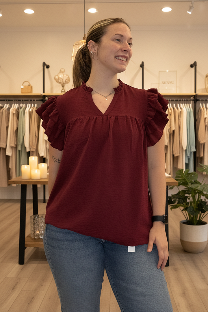 Burgundy Ruffle Top Front — Boutique Background