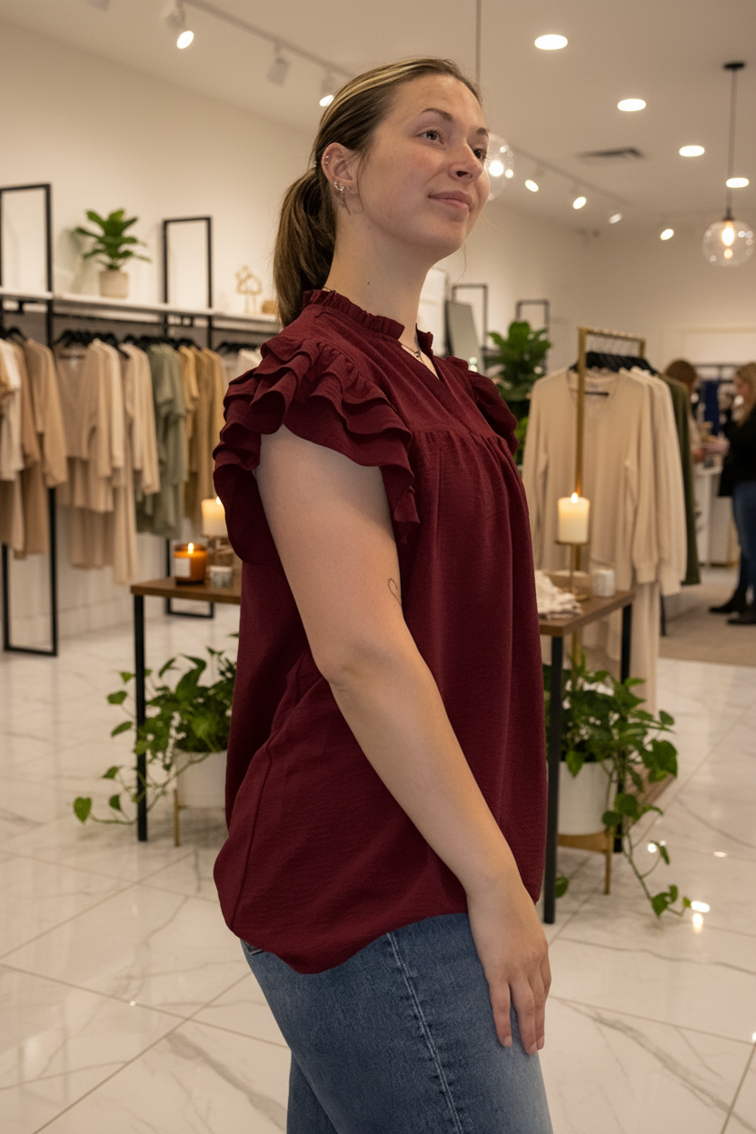 Burgundy Ruffle Top Side — Boutique Background