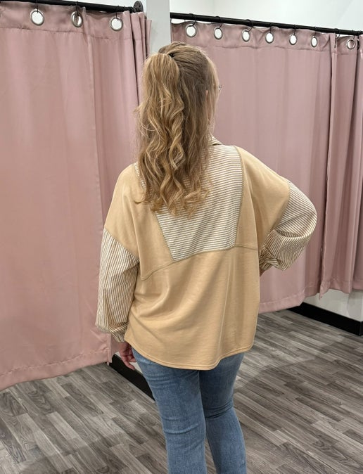 Camel Stripe Mix Half-Zip Sweatshirt