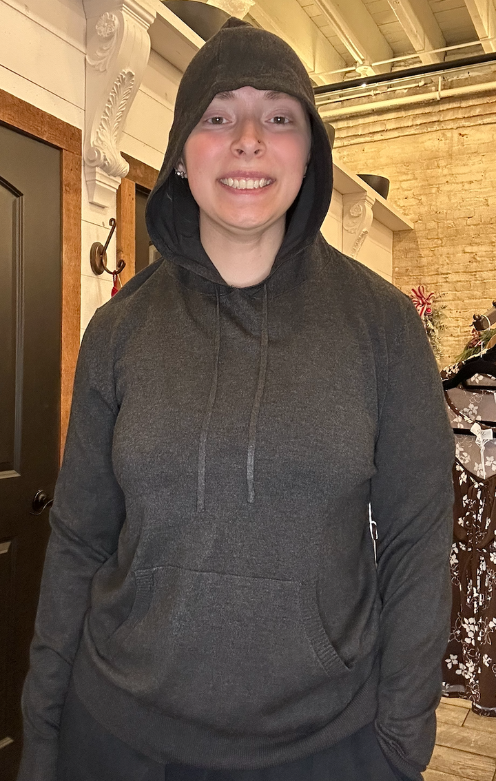 Women's Charcoal Knit Hoodie Sweater with Front Pocket – Soft, Cozy & Relaxed Fit