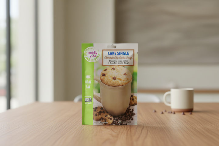 Molly &amp; You Chocolate Chip Cookie Dough Cake Single packet on a warm wooden table with soft neutral background