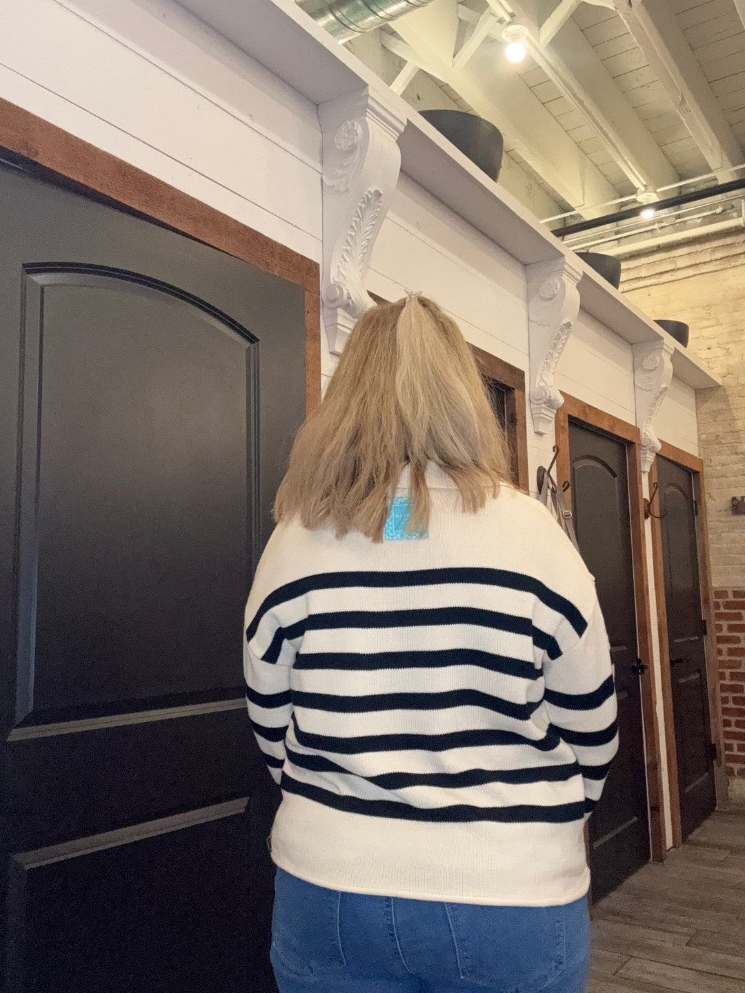 Womens Lace Up Collared Striped Sweater