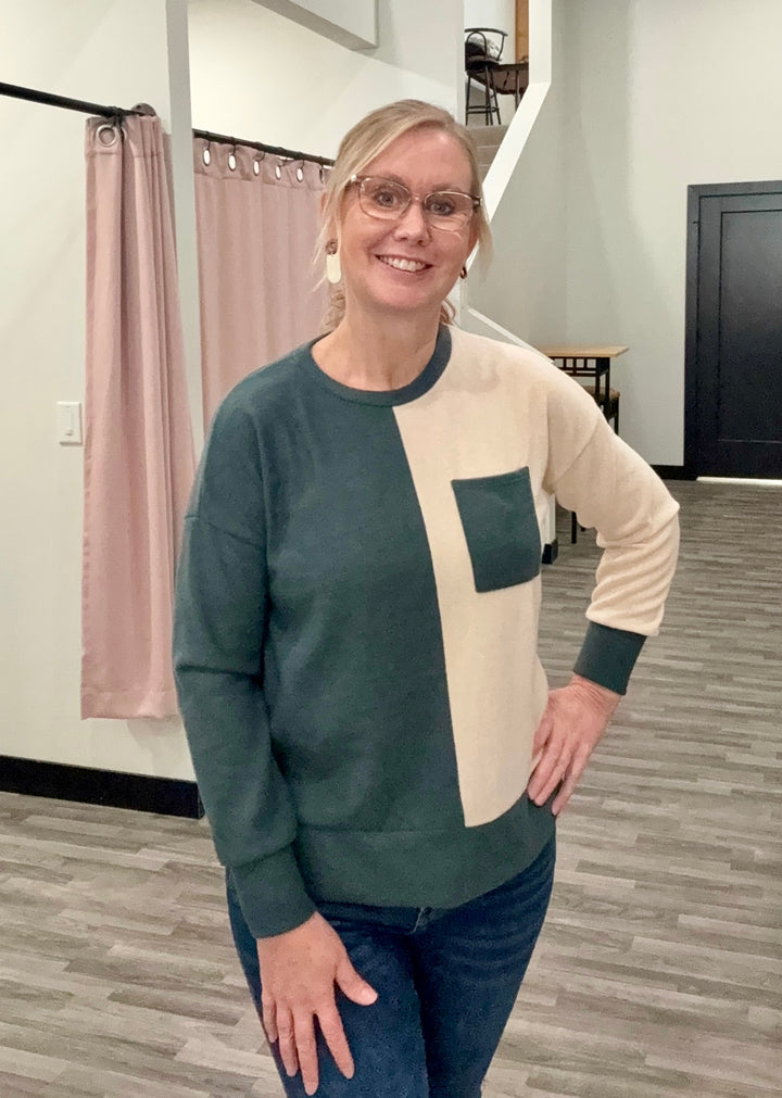 Green/Cream Two Tone Color Block Top