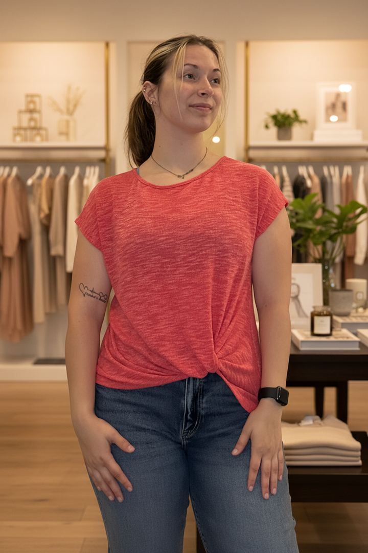 Coral Twist Top Front — Boutique Background