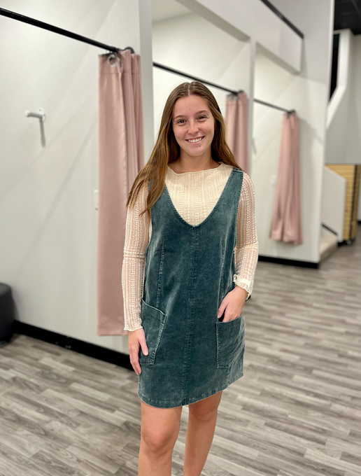 Hunter Green Corduroy Pinafore Overall Dress