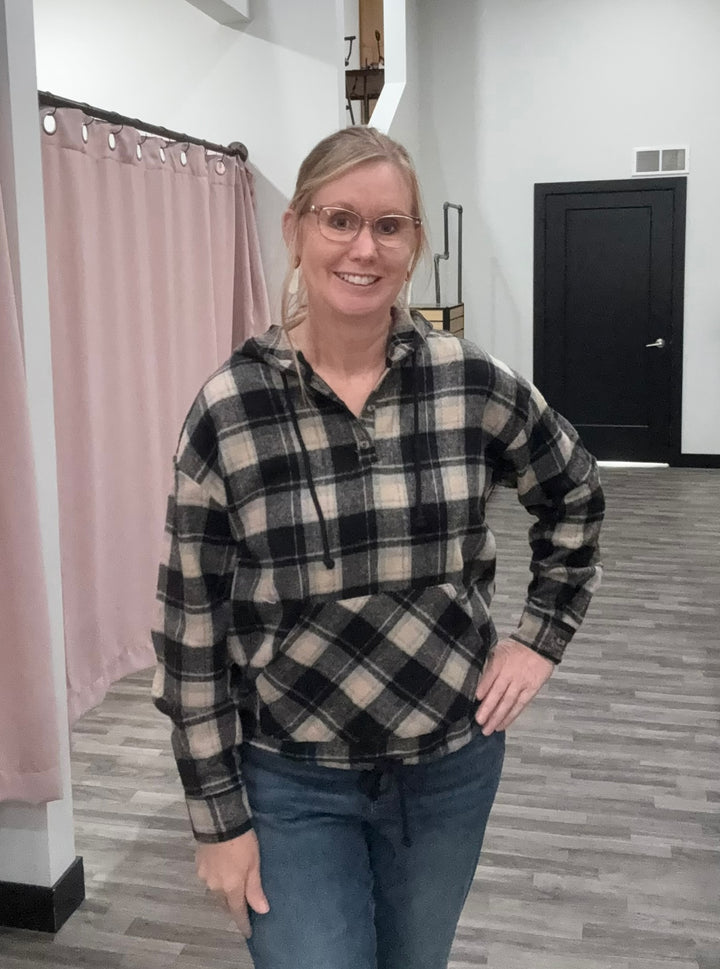 Black Combo Flannel Pullover Hoodie