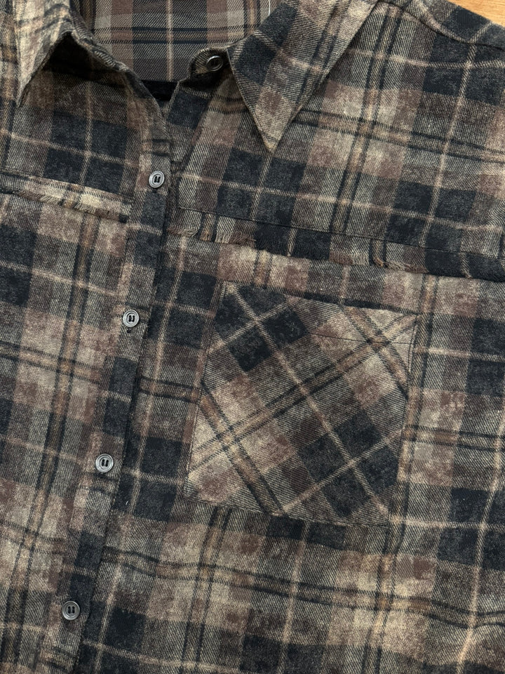 Black/Brown Frayed Hem Flannel Shirt