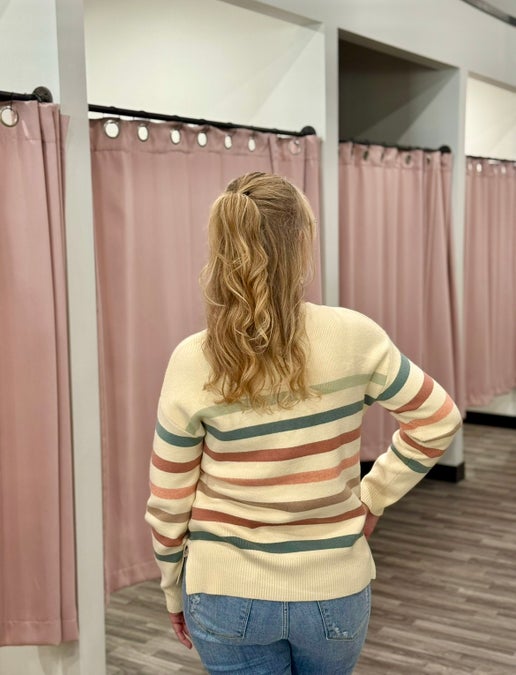 Cream-Sage-Pink Striped Split Hem Sweater