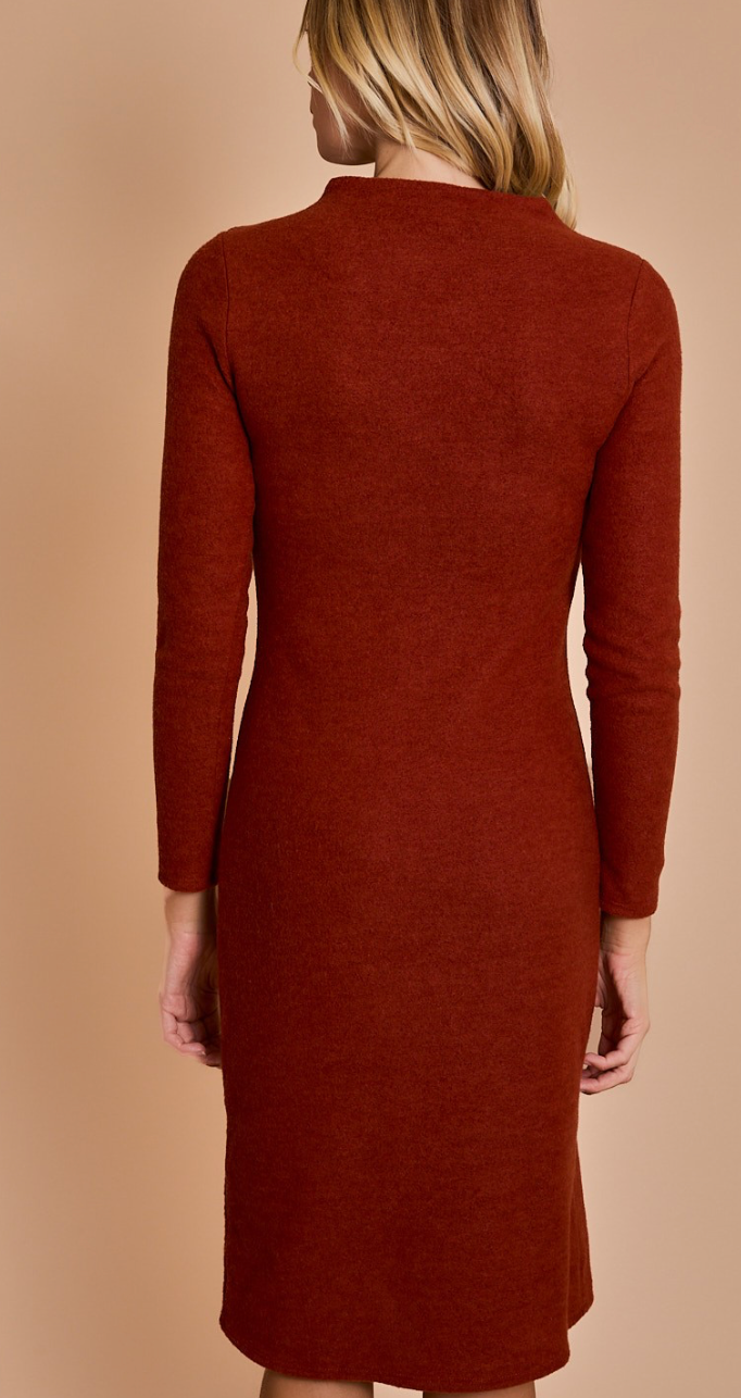 Mock Neck Shoulder Shirring Detail Midi Dress