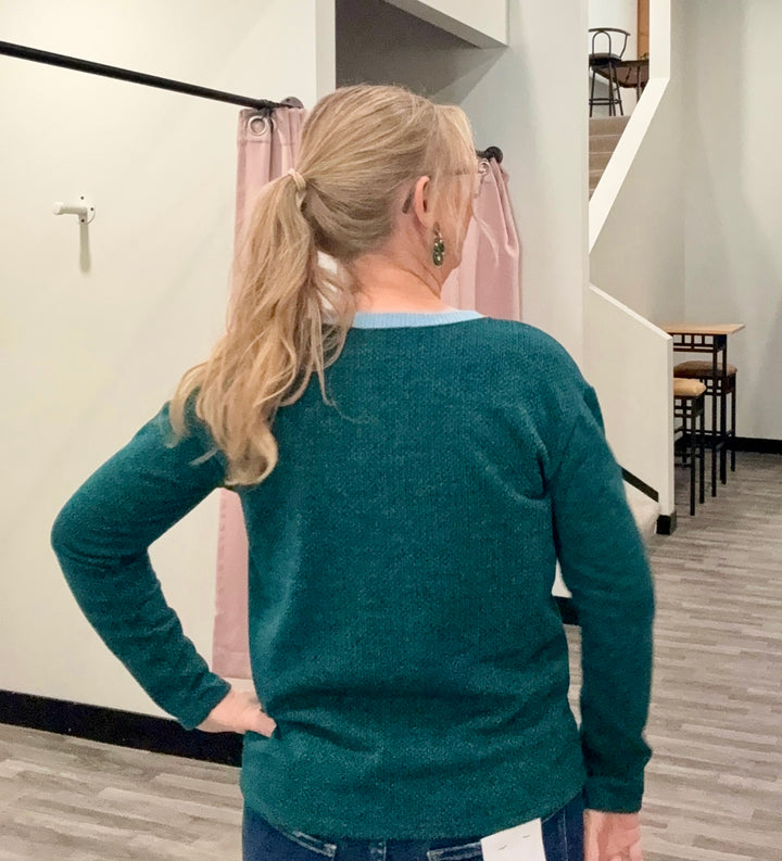 Green Round Neck Blue Contrast Sweater