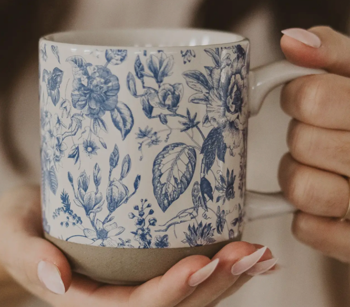Blue Delft Floral Stoneware Mug | 14 oz Farmhouse Coffee Cup
